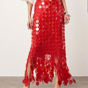ASOS EDITION futurist sequin embellished fringe hem maxi skirt in red